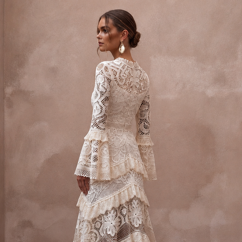 Bohemian Off-White Crochet Lace Dress for Beach Engagement