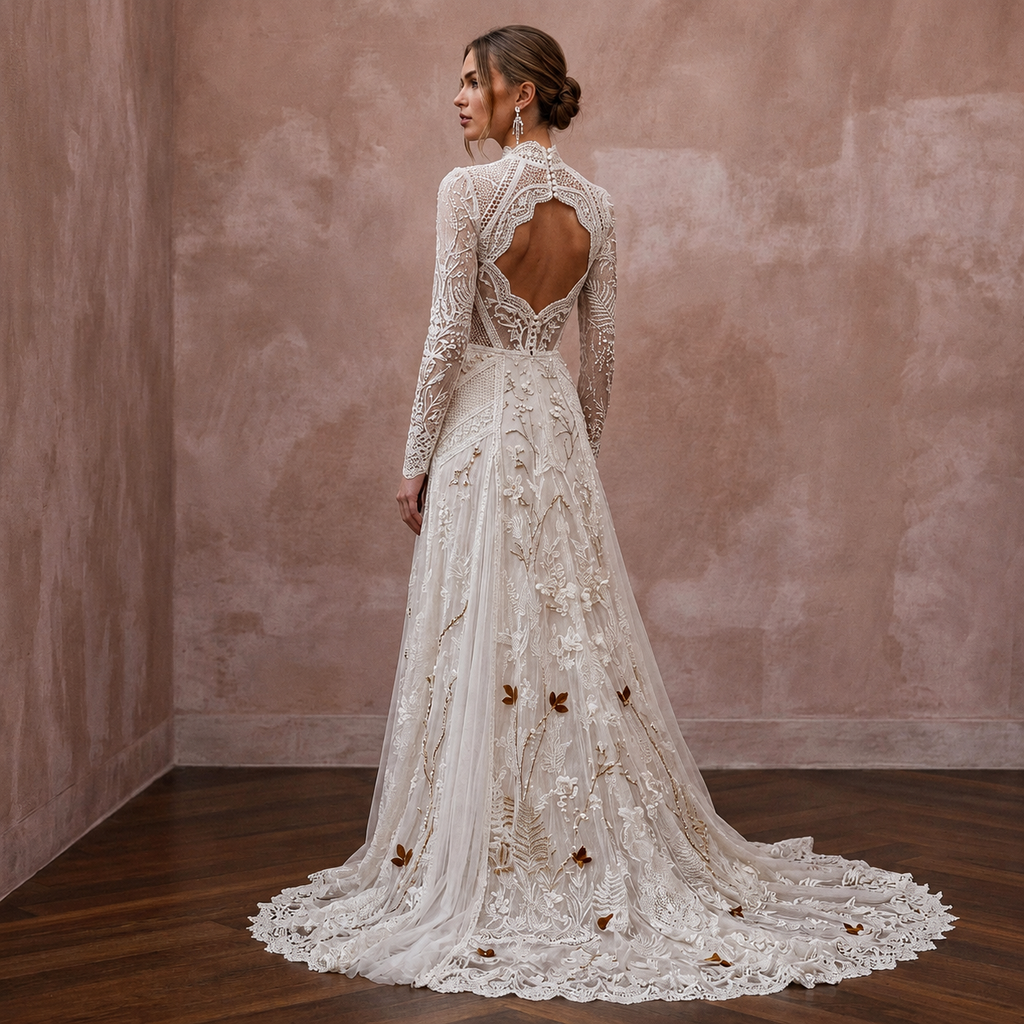 Bohemian Rustic Bridal Gown with Long Sleeves for a Woodland Ceremony