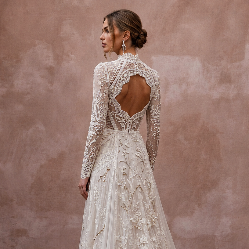 Bohemian Rustic Bridal Gown with Long Sleeves for a Woodland Ceremony