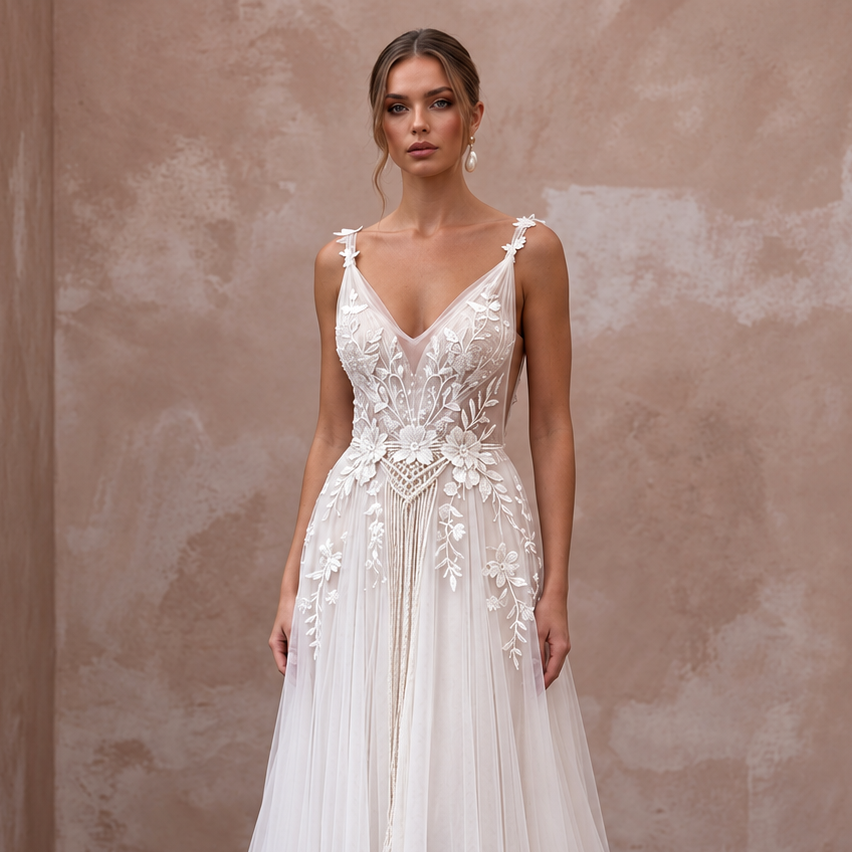 Bohemian Tulle Wedding Dress with Open Back