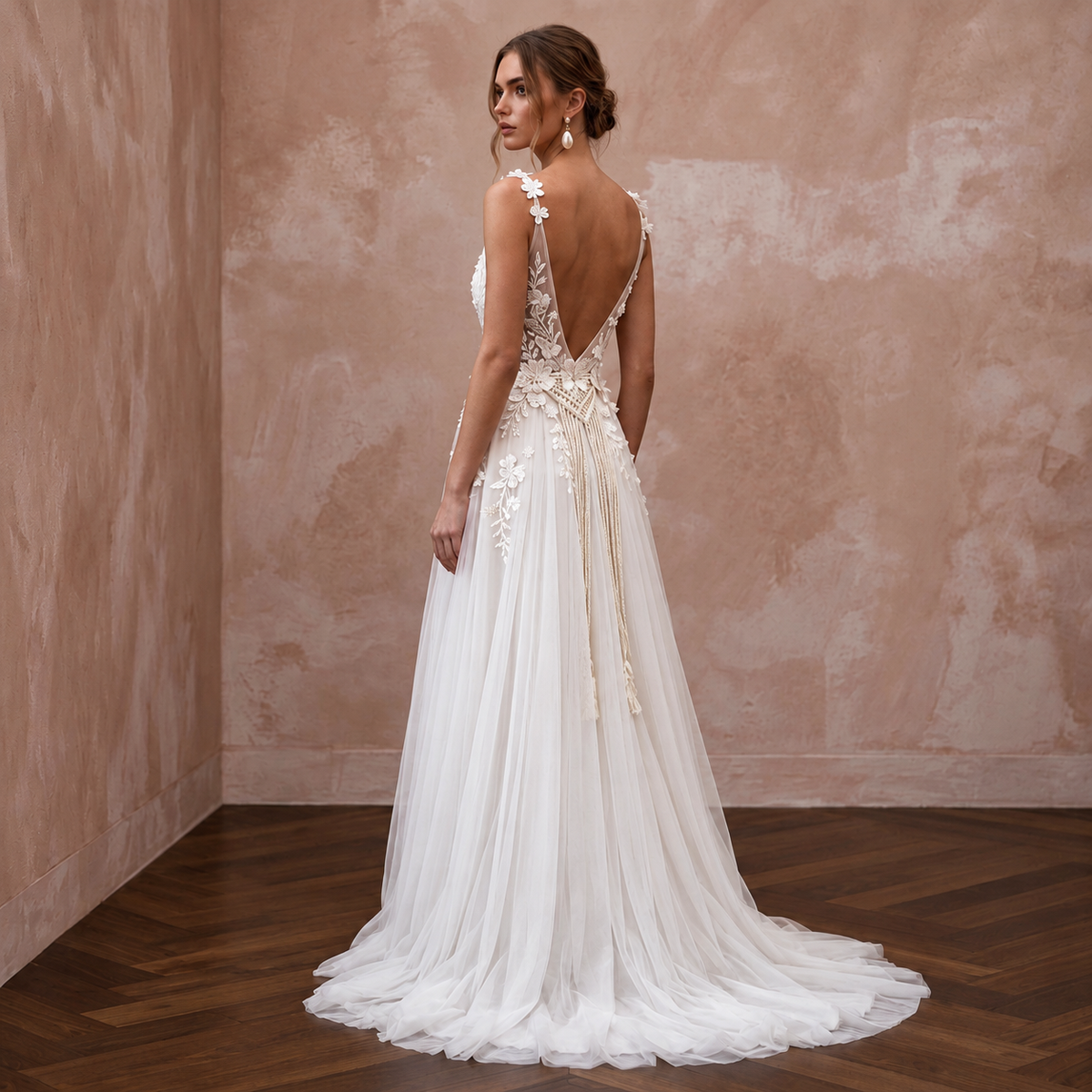 Bohemian Tulle Wedding Dress with Open Back