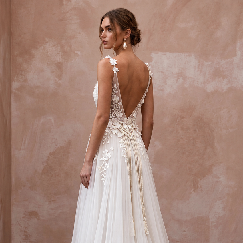 Bohemian Tulle Wedding Dress with Open Back
