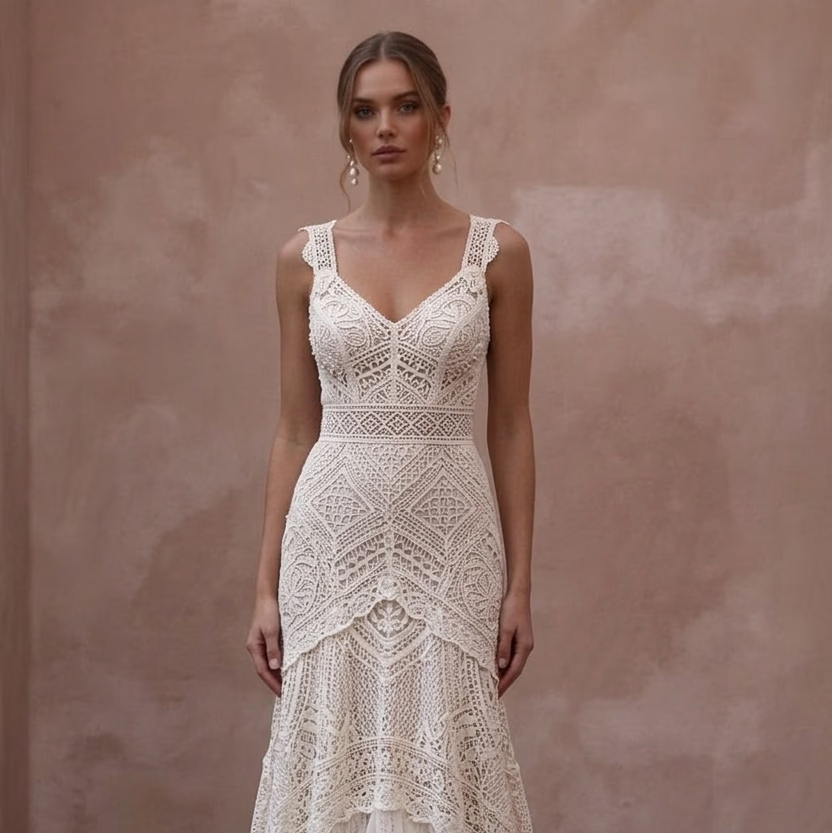 Bohemian Wedding Dresses with Crochet Lace Accents - Apparel & Accessories > Clothing > Wedding & Bridal Party Dresses > Wedding Dresses - Mignonette