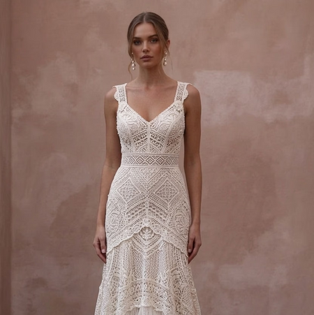 Bohemian Wedding Dresses with Crochet Lace Accents - Apparel & Accessories > Clothing > Wedding & Bridal Party Dresses > Wedding Dresses - Mignonette