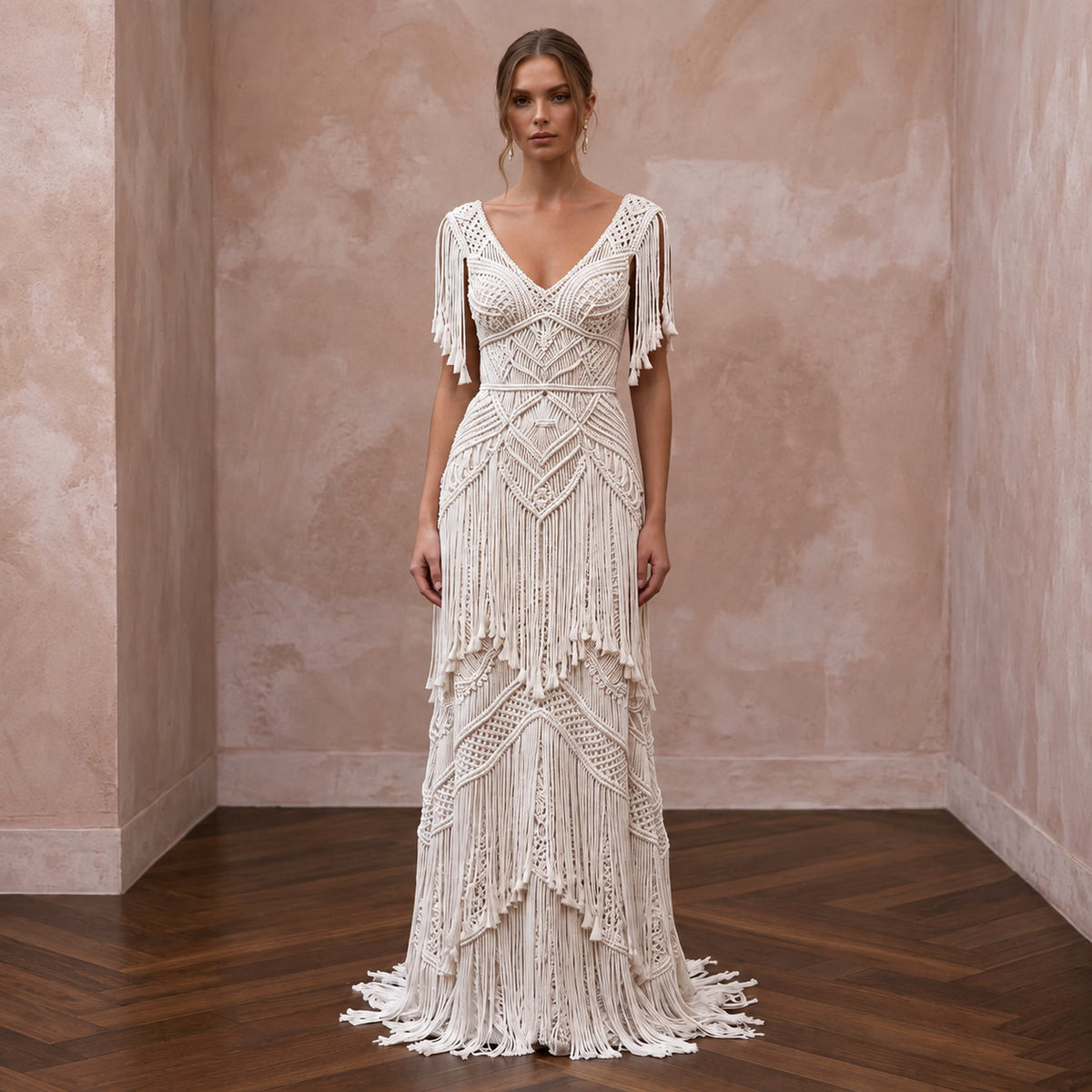 Bohemian White Fringe Detail Macrame Bridal Maxi Dress - Apparel & Accessories > Clothing > Wedding & Bridal Party Dresses > Wedding Dresses - Mignonette Bridal Main image