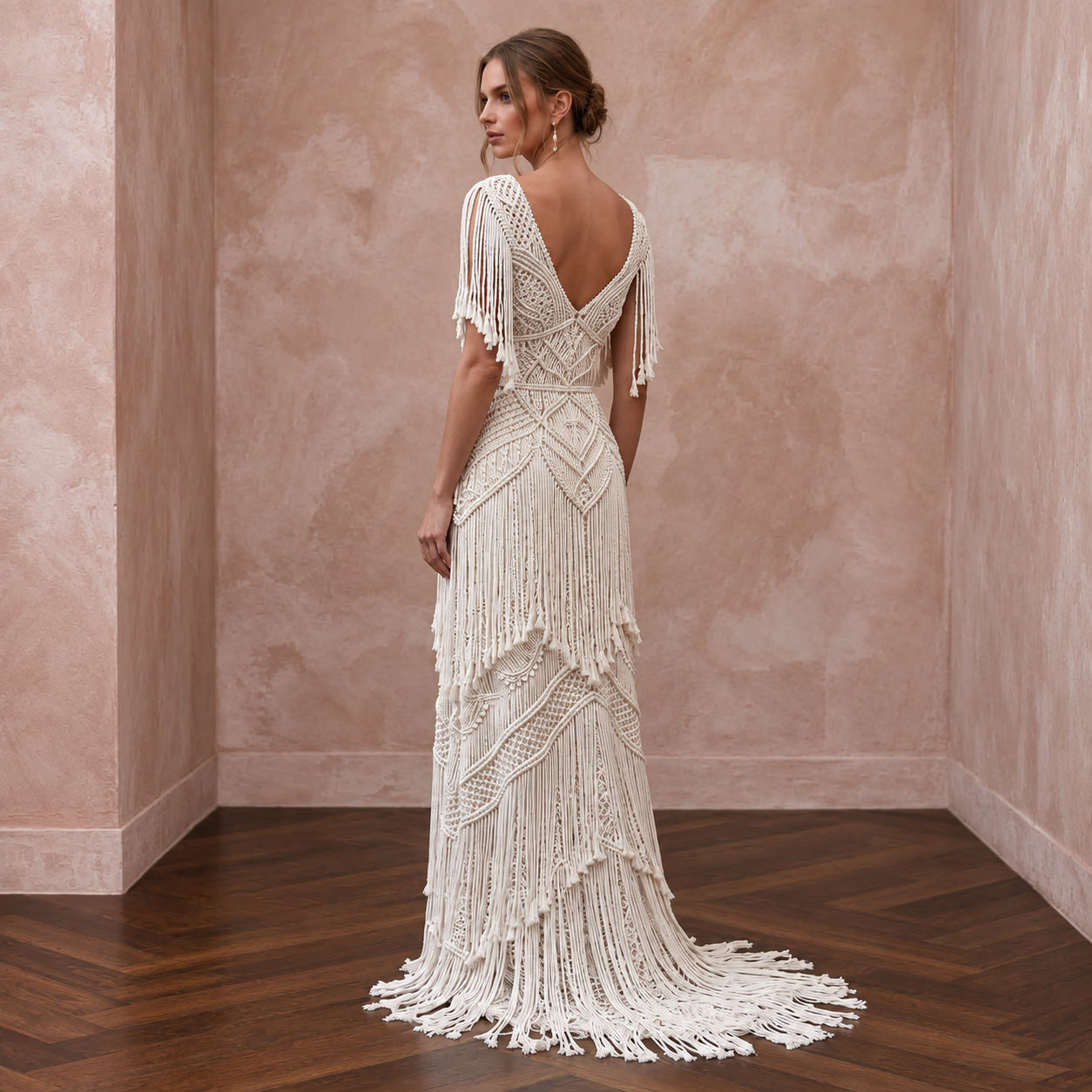 Bohemian White Fringe Detail Macrame Bridal Maxi Dress Secondary image