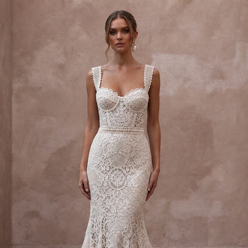 Boho - Chic Off - White Cotton Lace Mermaid Wedding Dress for Desert Reception - Apparel & Accessories > Clothing > Wedding & Bridal Party Dresses > Wedding Dresses - Mignonette Bridal