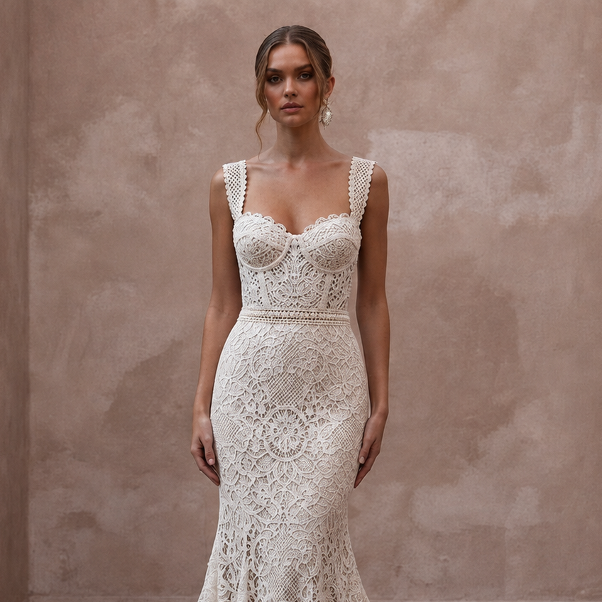 Boho-Chic Off-White Cotton Lace Mermaid Wedding Dress for Desert Reception