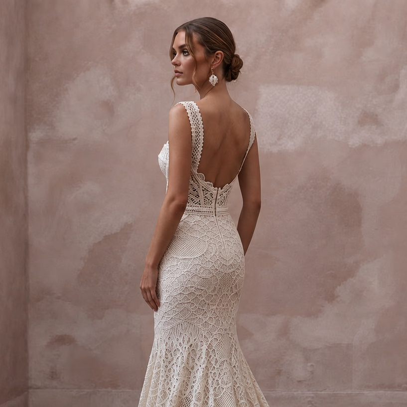 Boho - Chic Off - White Cotton Lace Mermaid Wedding Dress for Desert Reception - Apparel & Accessories > Clothing > Wedding & Bridal Party Dresses > Wedding Dresses - Mignonette Bridal