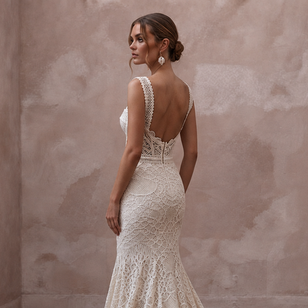 Boho-Chic Off-White Cotton Lace Mermaid Wedding Dress for Desert Reception