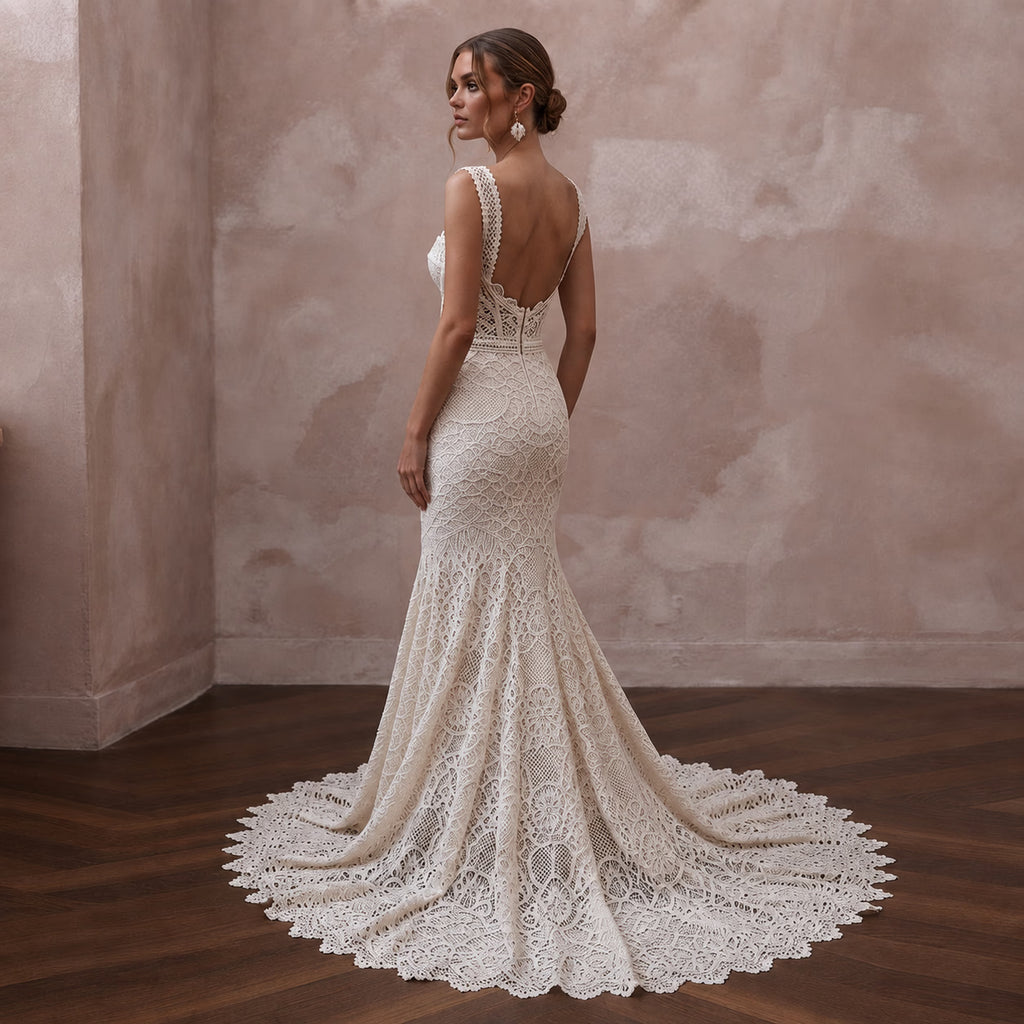 Boho - Chic Off - White Cotton Lace Mermaid Wedding Dress for Desert Reception - Apparel & Accessories > Clothing > Wedding & Bridal Party Dresses > Wedding Dresses - Mignonette Bridal