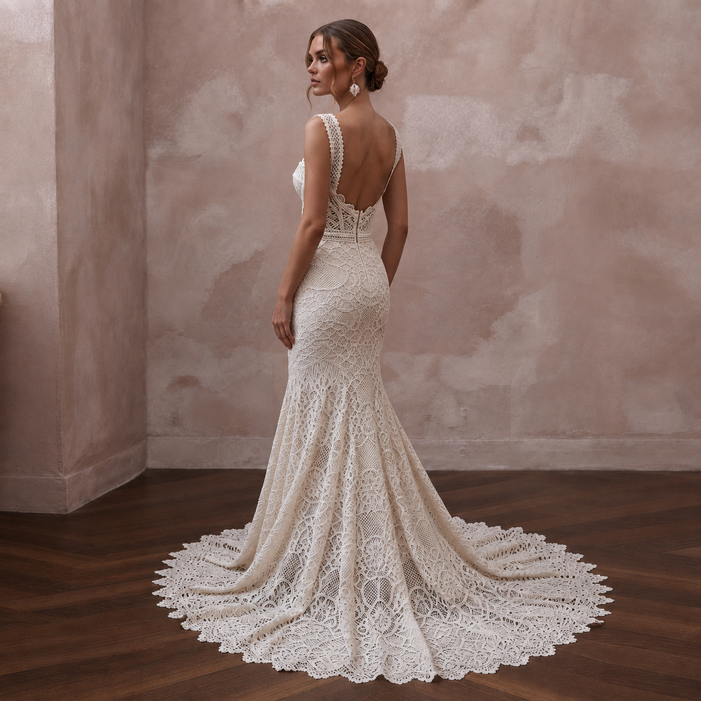 Boho-Chic Off-White Cotton Lace Mermaid Wedding Dress for Desert Reception
