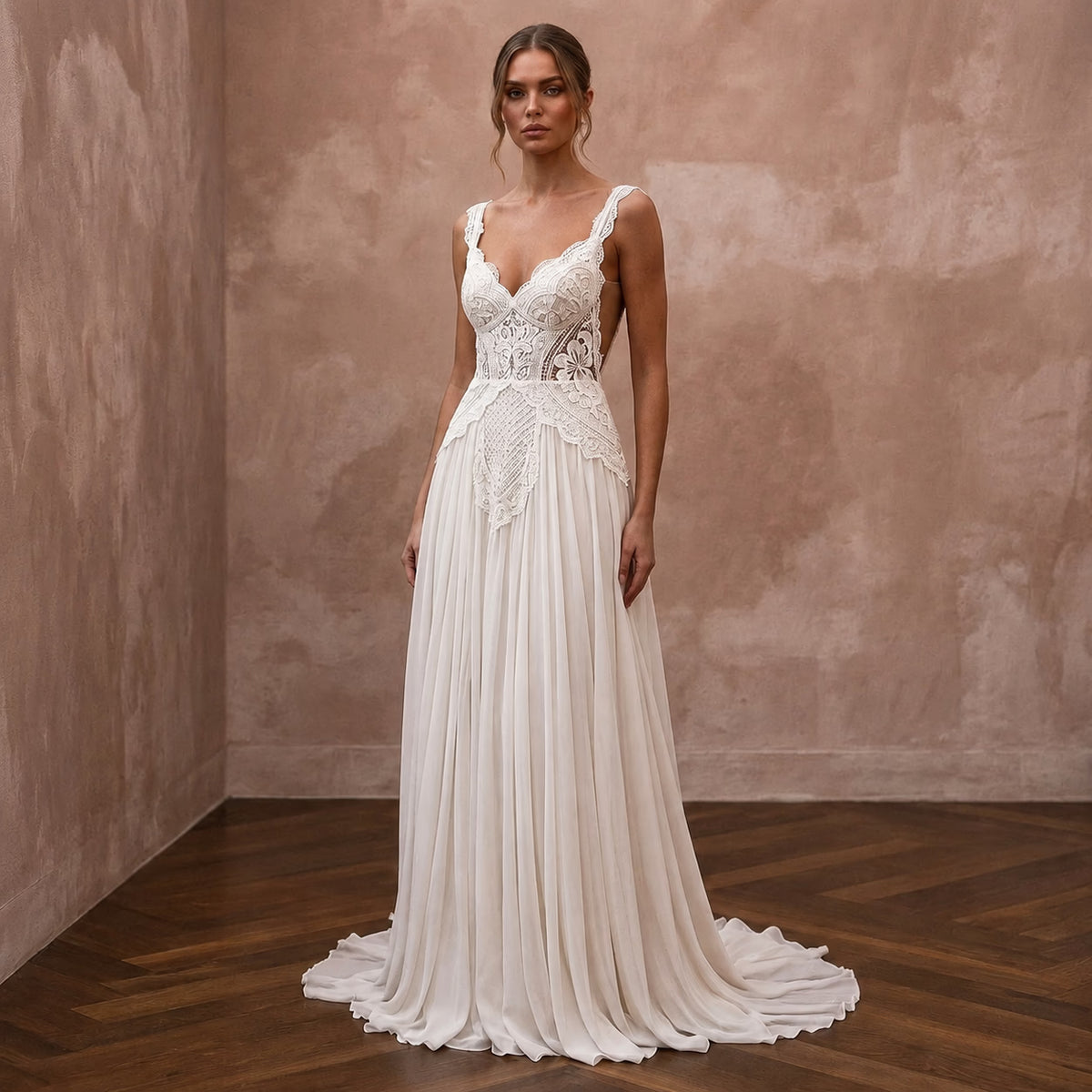 Boho Chiffon A - Line Wedding Dress with Open Back - Apparel & Accessories > Clothing > Wedding & Bridal Party Dresses > Wedding Dresses - Mignonette Bridal Main image