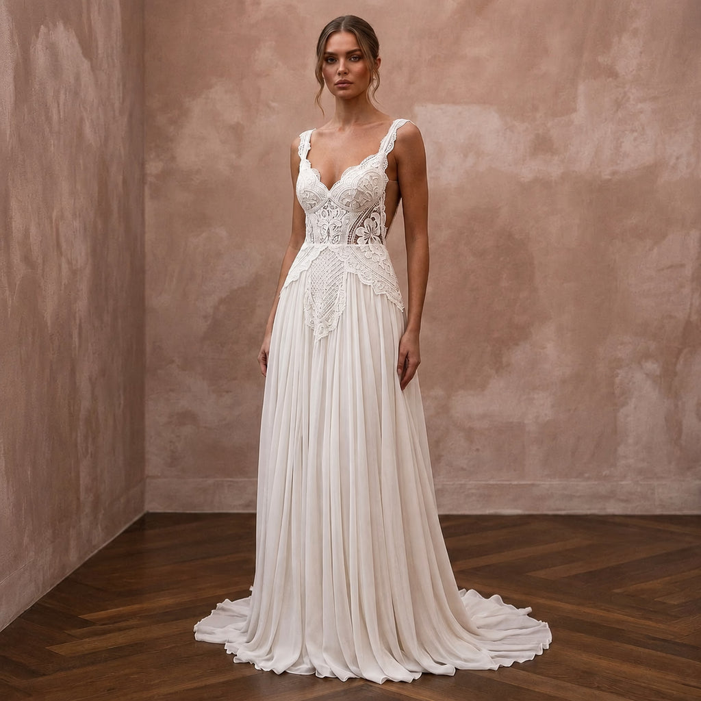 Boho Chiffon A - Line Wedding Dress with Open Back - Apparel & Accessories > Clothing > Wedding & Bridal Party Dresses > Wedding Dresses - Mignonette Bridal