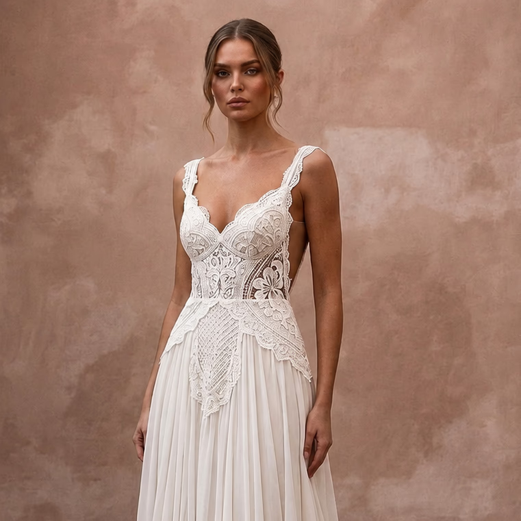 Boho Chiffon A - Line Wedding Dress with Open Back - Apparel & Accessories > Clothing > Wedding & Bridal Party Dresses > Wedding Dresses - Mignonette Bridal