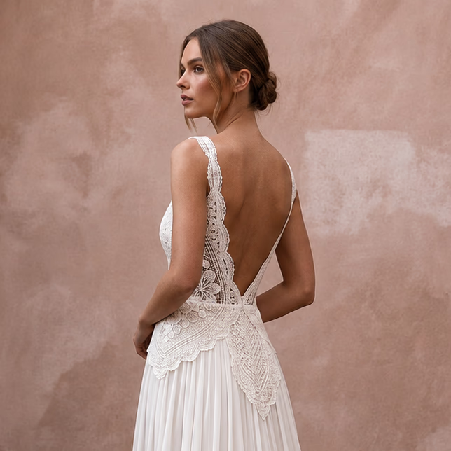 Boho Chiffon A - Line Wedding Dress with Open Back - Apparel & Accessories > Clothing > Wedding & Bridal Party Dresses > Wedding Dresses - Mignonette Bridal