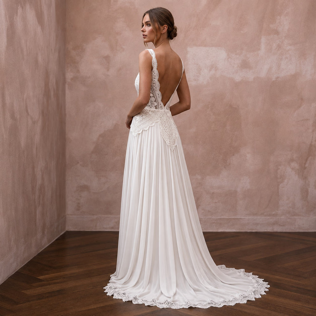 Boho Chiffon A - Line Wedding Dress with Open Back - Apparel & Accessories > Clothing > Wedding & Bridal Party Dresses > Wedding Dresses - Mignonette Bridal