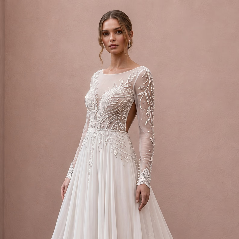 Boho Chiffon Bridal Dress with Open Back for a Beach Wedding