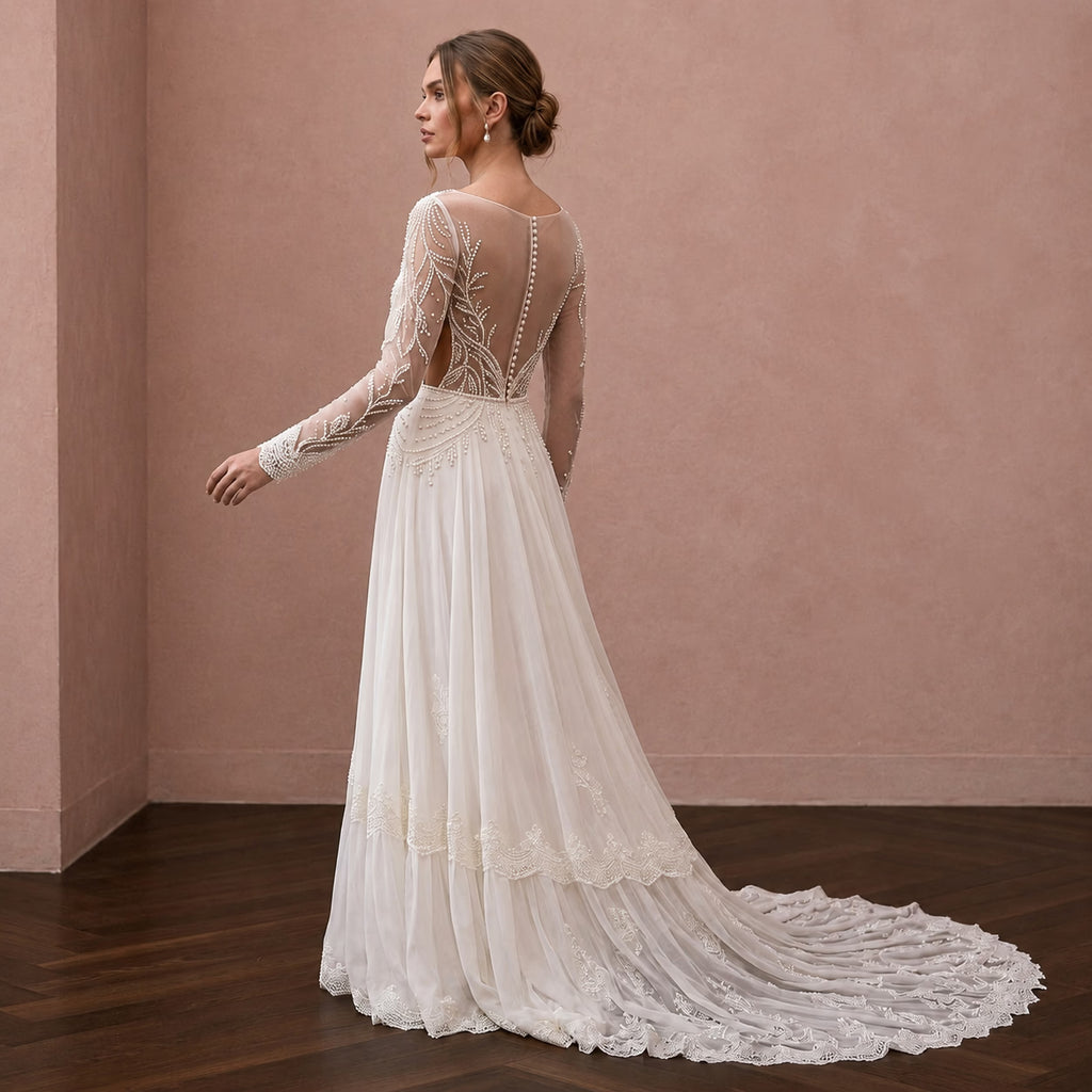 Boho Chiffon Bridal Dress with Open Back for a Beach Wedding