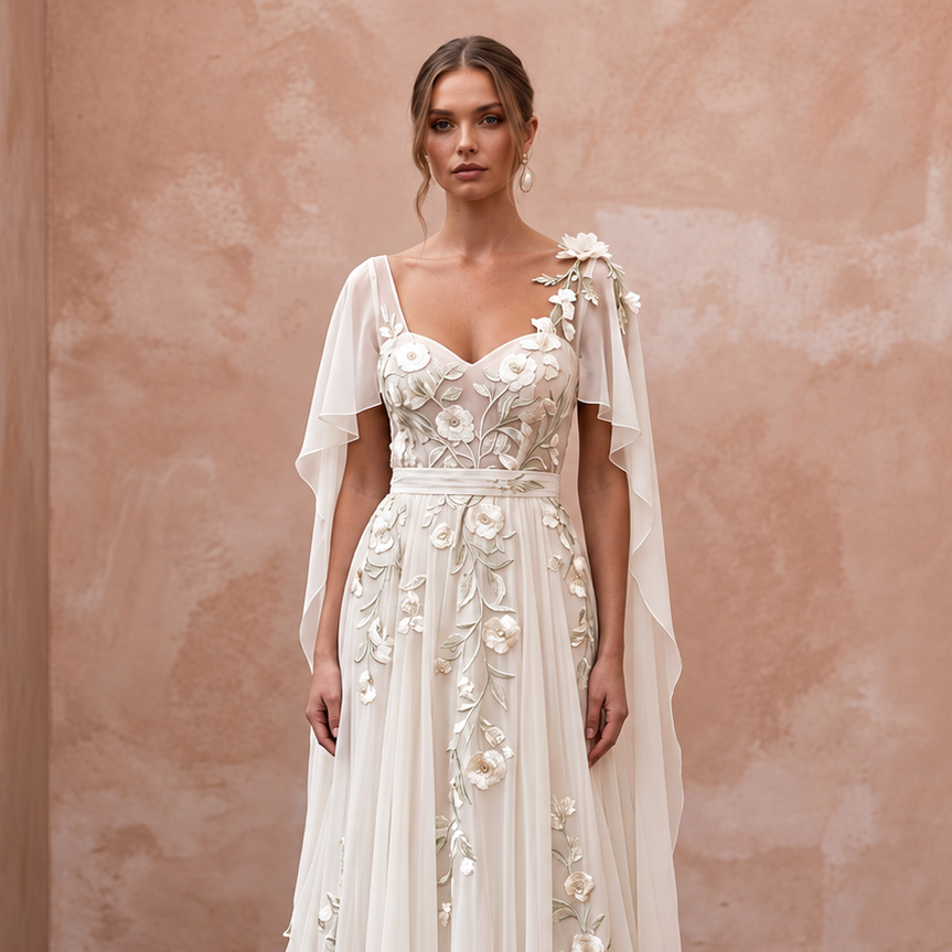 Boho Chiffon Bridal Gown with Floral Embroidery