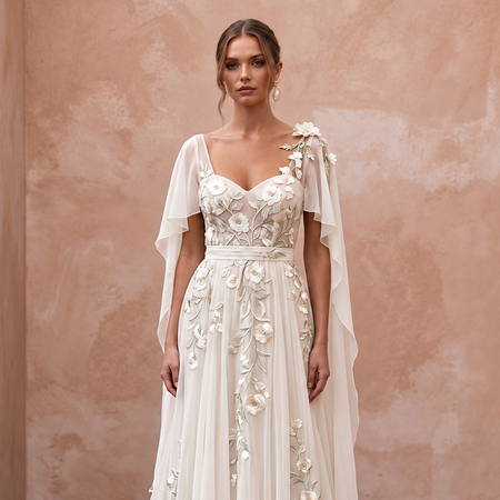 Boho Chiffon Bridal Gown with Floral Embroidery
