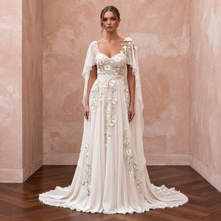 Boho Chiffon Bridal Gown with Floral Embroidery