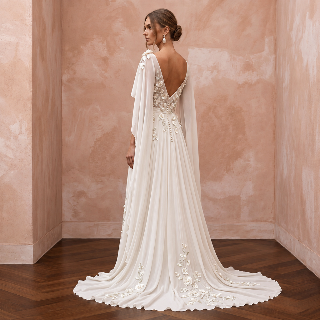Boho Chiffon Bridal Gown with Floral Embroidery