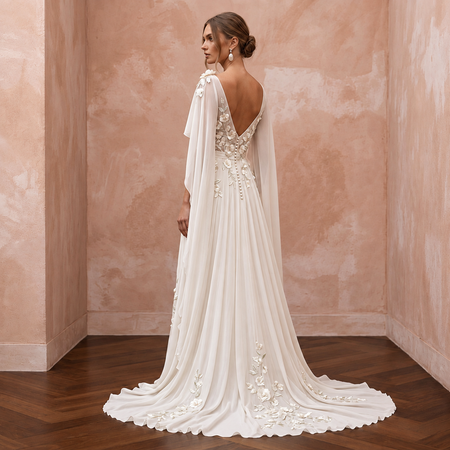 Boho Chiffon Bridal Gown with Floral Embroidery