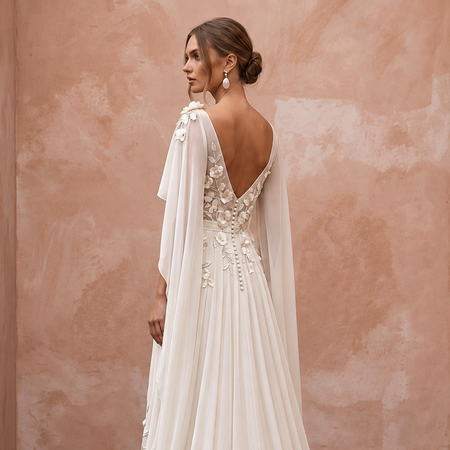 Boho Chiffon Bridal Gown with Floral Embroidery