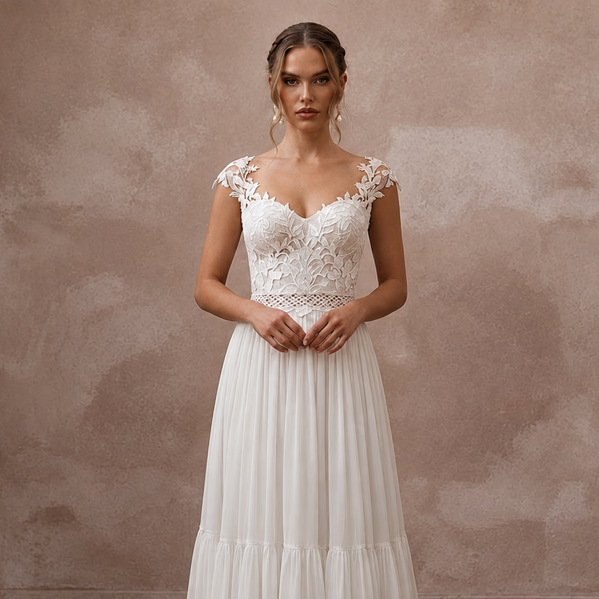 Boho Chiffon Open Back Wedding Dress for a Beach Wedding