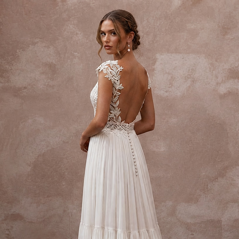 Boho Chiffon Open Back Wedding Dress for a Beach Wedding