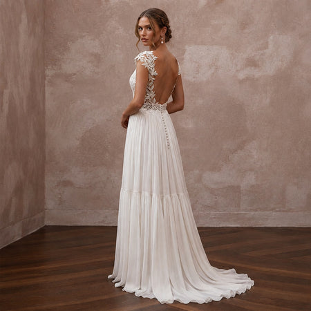 Boho Chiffon Open Back Wedding Dress for a Beach Wedding