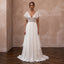 Ivory chiffon wedding dress with V-neck lace bodice, A-line skirt, cap sleeves