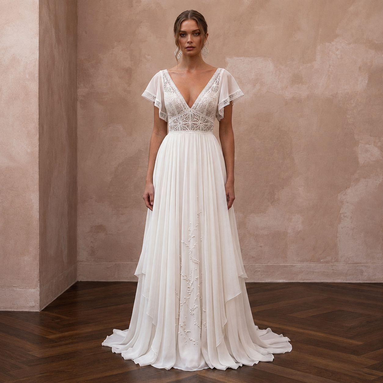 Ivory chiffon wedding dress with V-neck lace bodice, A-line skirt, cap sleeves