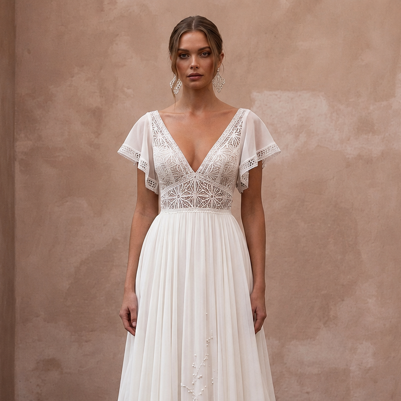 Ivory chiffon wedding dress with V-neck lace bodice and embroidered waist detail