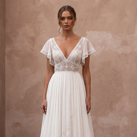 Ivory chiffon wedding dress with V-neck lace bodice and embroidered waist detail