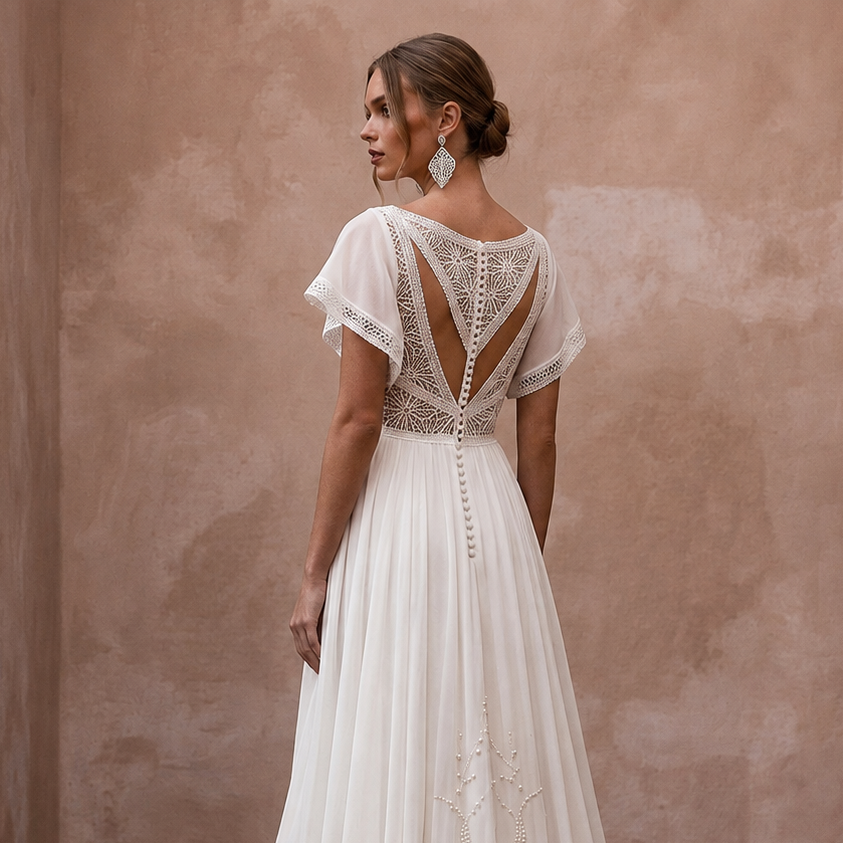 Ivory chiffon wedding dress with open back lace, sheer sleeves, and beadwork