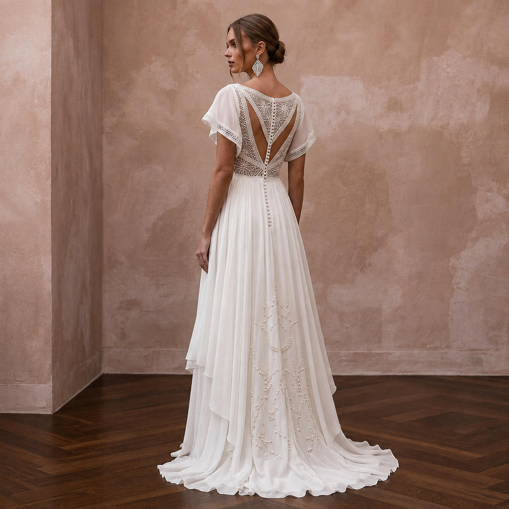 Ivory chiffon wedding dress with open back lace and flowing A-line skirt