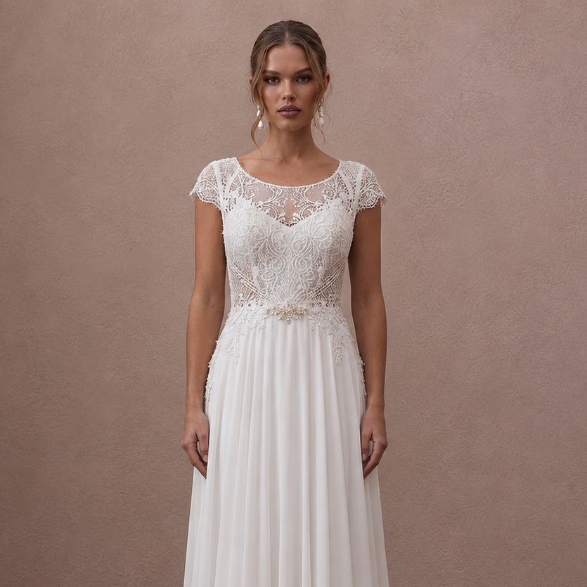 Boho Chiffon Wedding Dress with Open Back and A-Line Silhouette