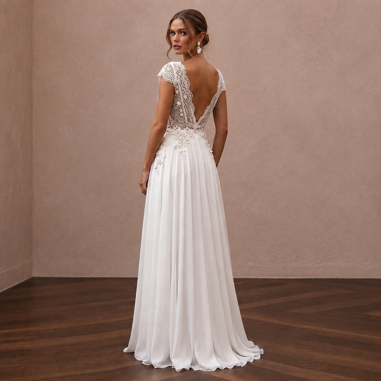 Boho Chiffon Wedding Dress with Open Back and A-Line Silhouette
