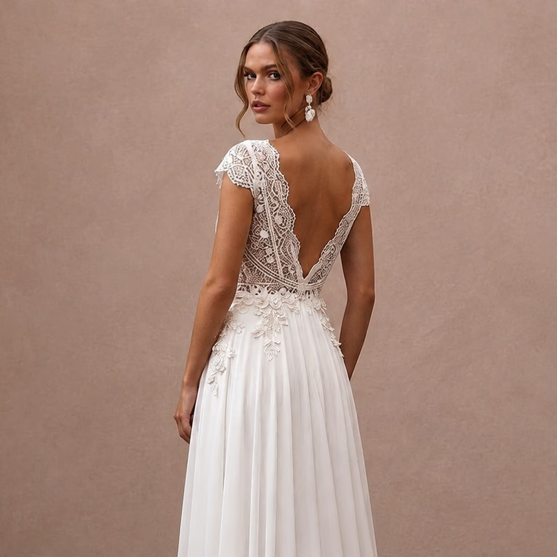 Boho Chiffon Wedding Dress with Open Back and A-Line Silhouette