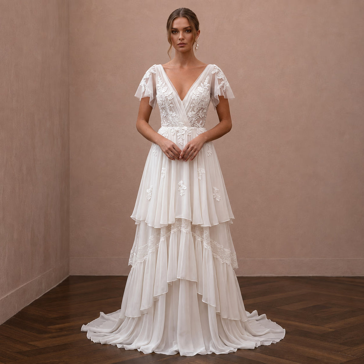 Boho Chiffon Wedding Dress with V - Neck for a Beach Wedding - Apparel & Accessories > Clothing > Wedding & Bridal Party Dresses > Wedding Dresses - Mignonette Bridal Main image