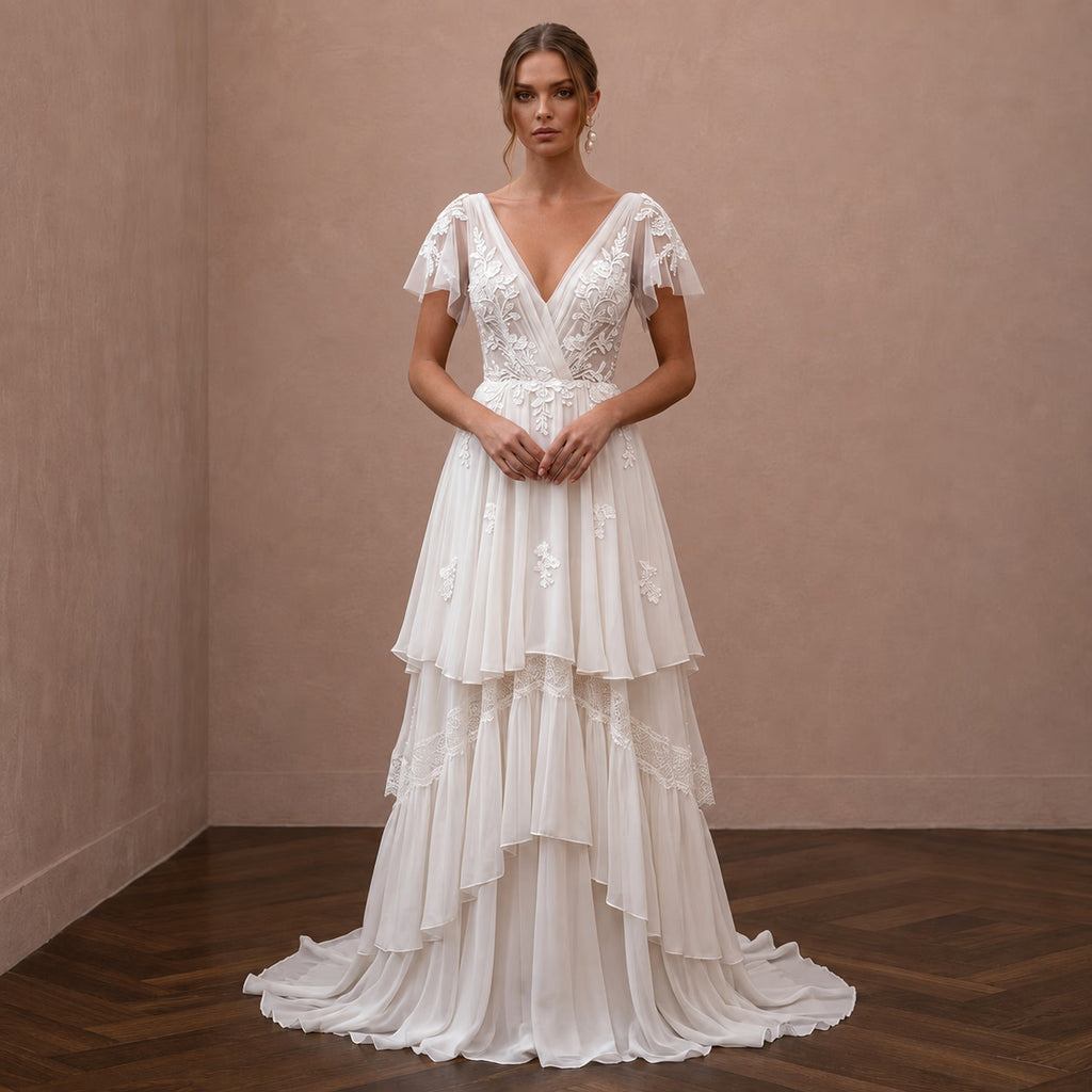 Boho Chiffon Wedding Dress with V-Neck for a Beach Wedding