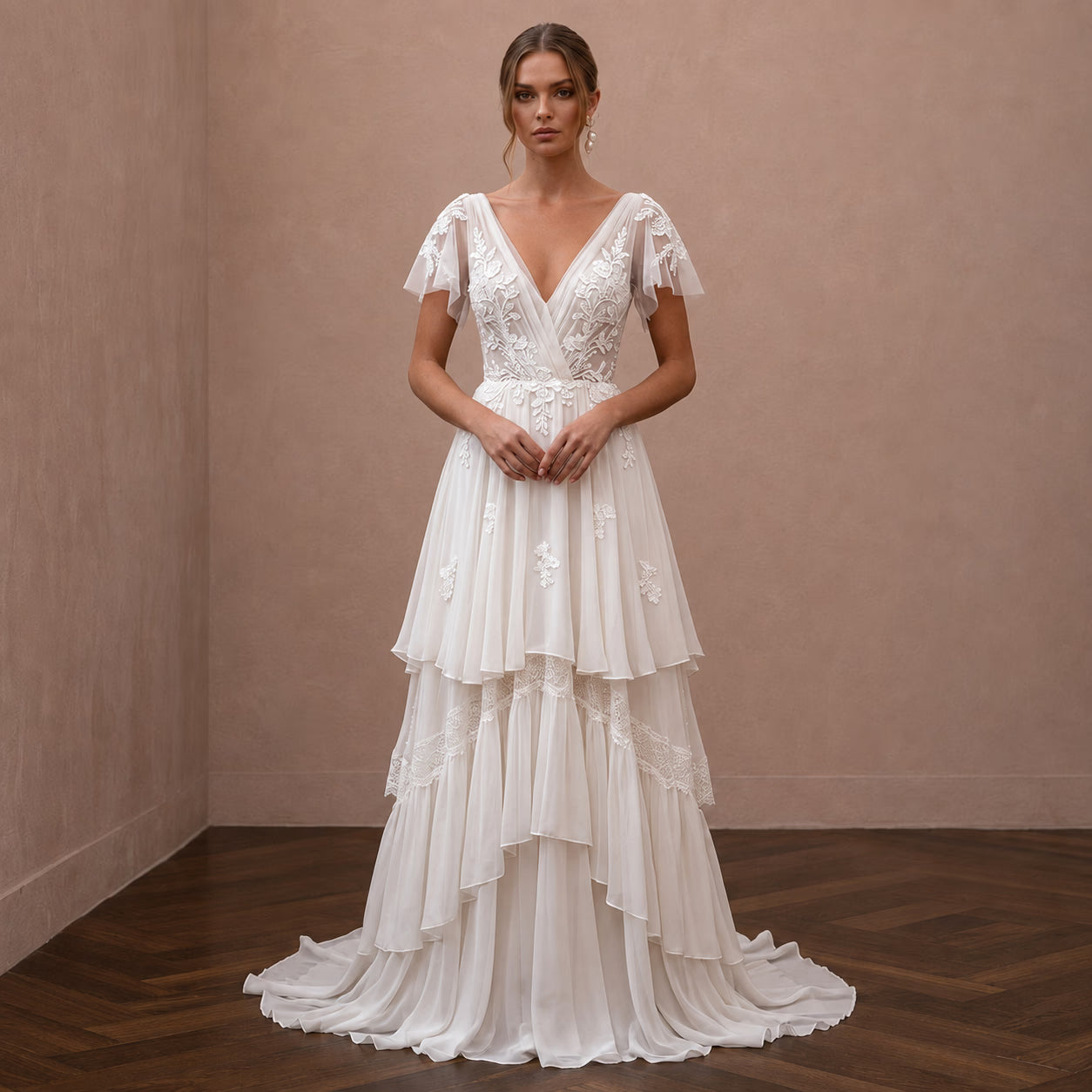 Boho Chiffon Wedding Dress with V-Neck for a Beach Wedding