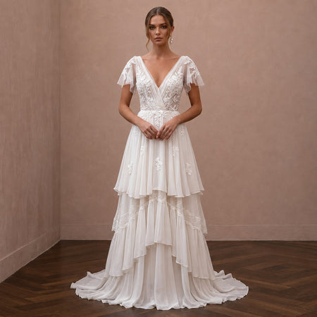Boho Chiffon Wedding Dress with V-Neck for a Beach Wedding