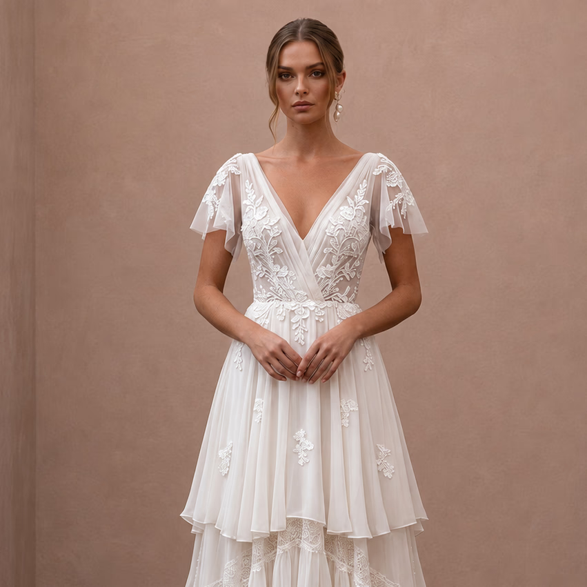 Boho Chiffon Wedding Dress with V-Neck for a Beach Wedding
