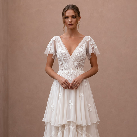 Boho Chiffon Wedding Dress with V-Neck for a Beach Wedding