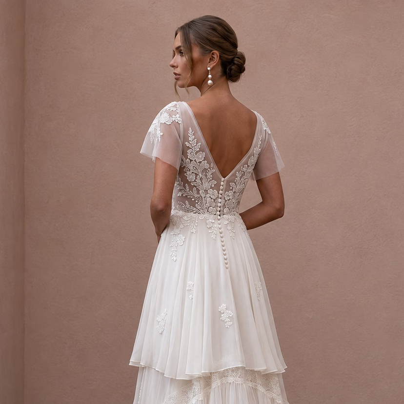 Boho Chiffon Wedding Dress with V-Neck for a Beach Wedding
