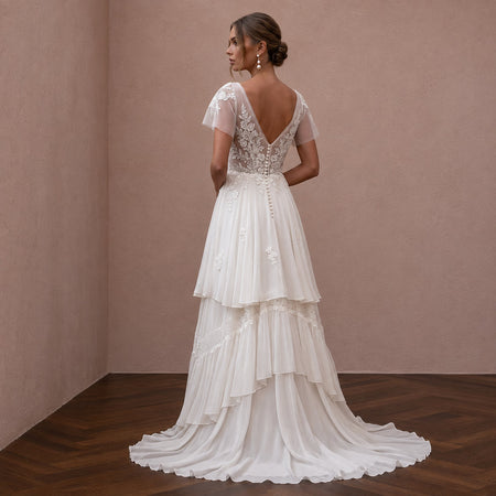 Boho Chiffon Wedding Dress with V-Neck for a Beach Wedding