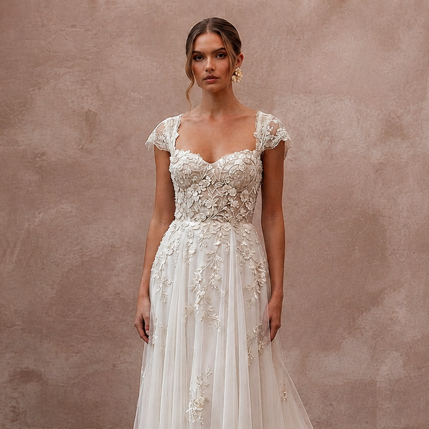 Boho Country Wedding Gown with Embroidered Bodice and Chapel Train